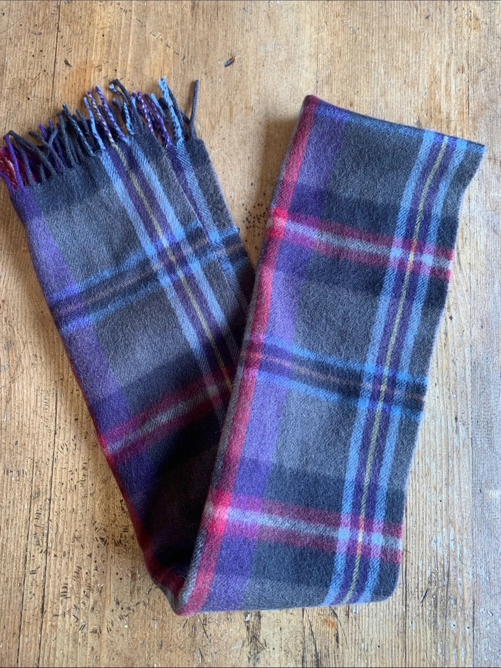 Mountain Horse Wool Blend Plaid Fringe Wool Blend Scarf in Gray, Purple & Red